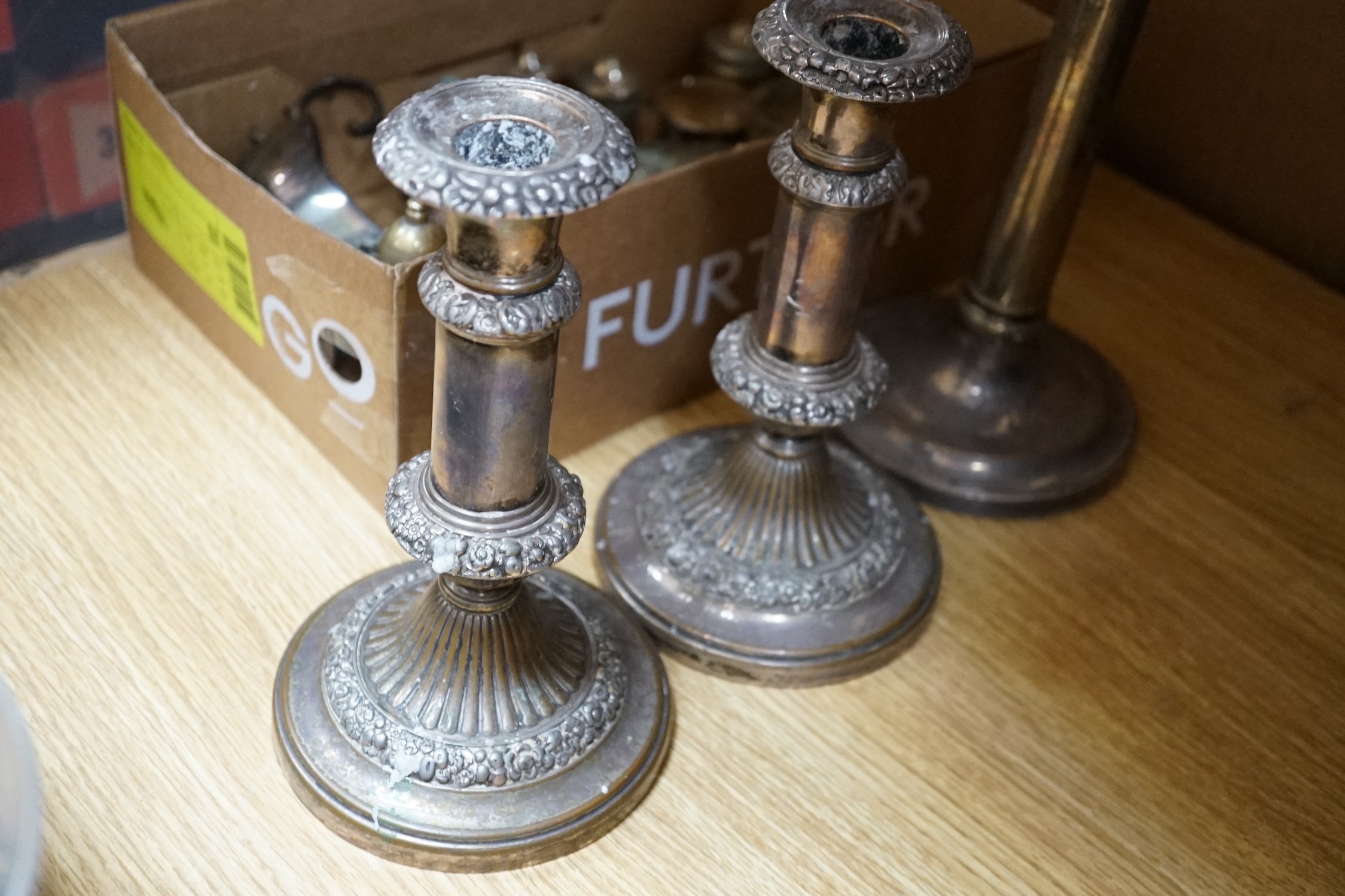 A three light two branch candelabra and mixed plate